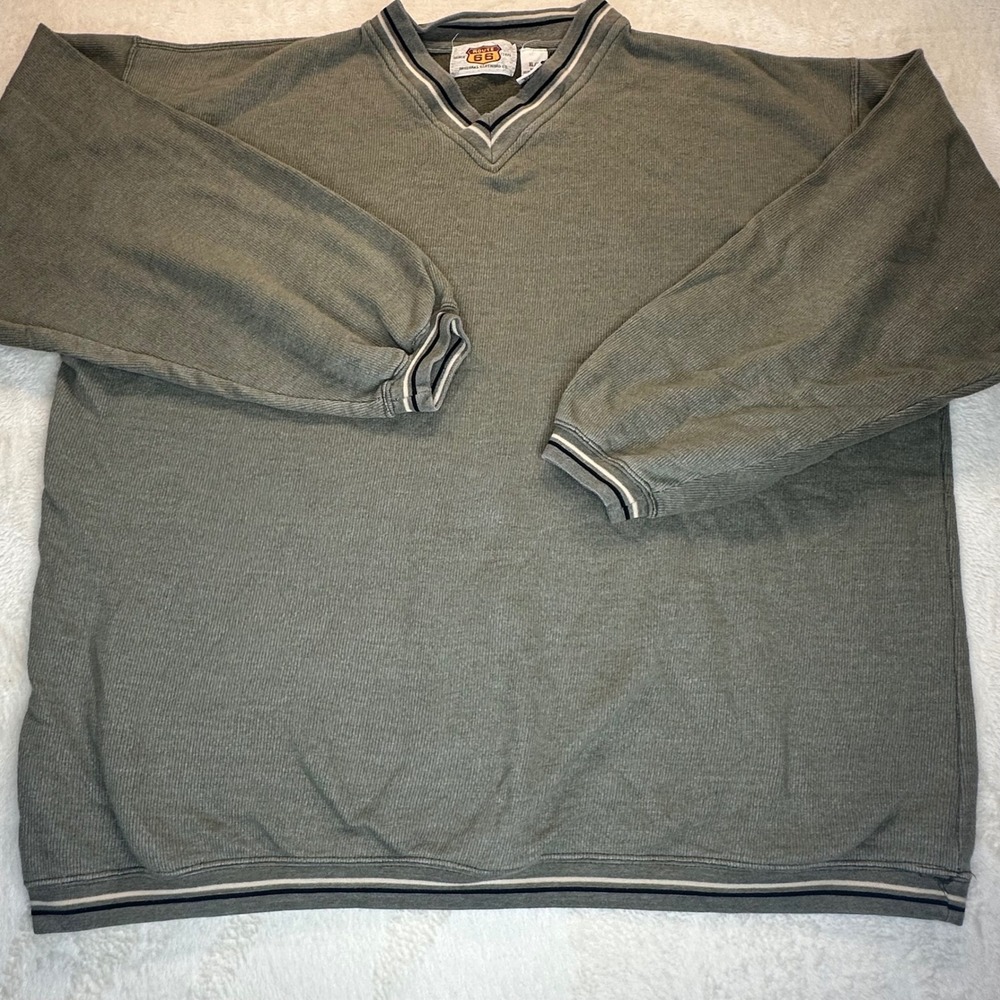 Vintage Route 66 Mens XL V-Neck Sweatshirt Olive Green Striped Trim Y2K Pullover